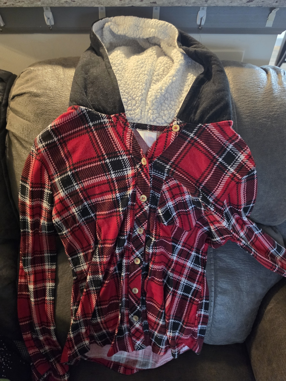 Red Plaid Button-Up Shirt with Sherpa-Lined Black Hood
